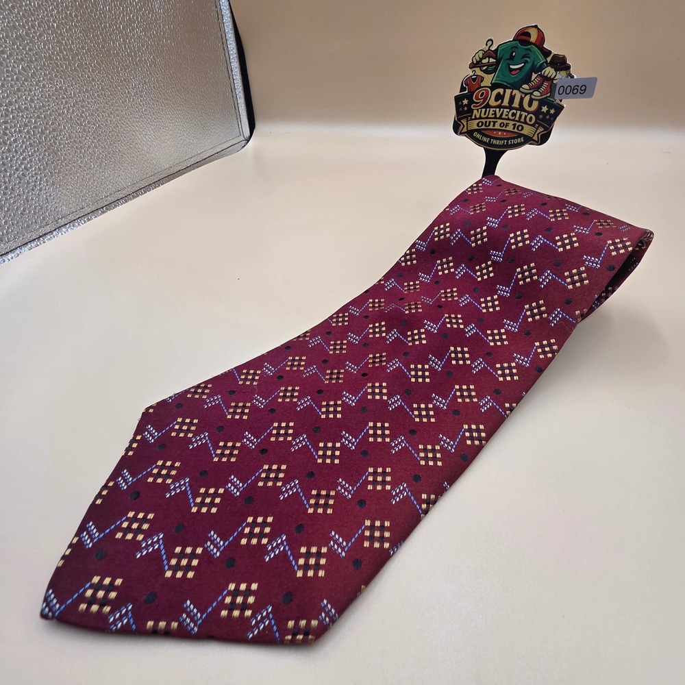 Audrey Buckner Mens Silk Tie Burgundy Geometric Gold Blue Hand Tailored 4 Inch